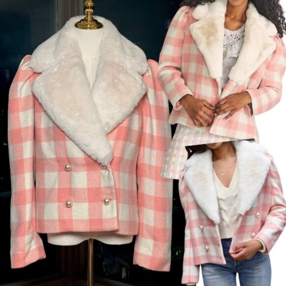 🆕 LOVESHACKFANCY 🧿 NWOT Dumont Faux Fur Collared Jacket, Crisp Peach - Sz M